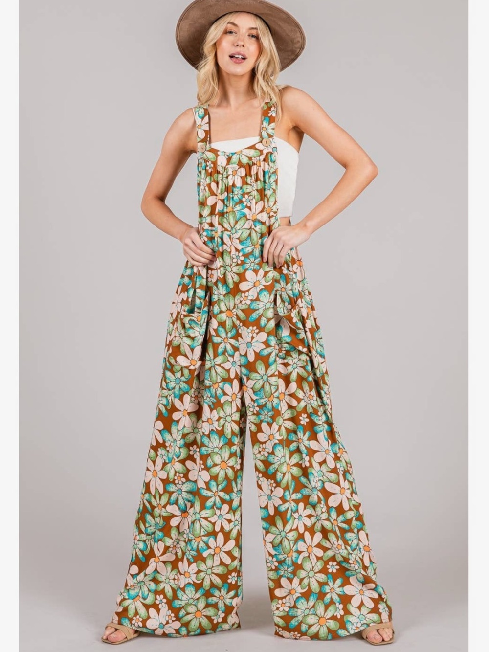 Sage + Fig Retro Floral Wide-Leg Overall Jumpsuit Boho NWT S M L